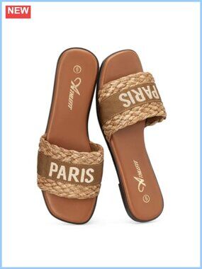 Women's Raffia Flat Slide Sandals Square Open Toe Slip On Beach